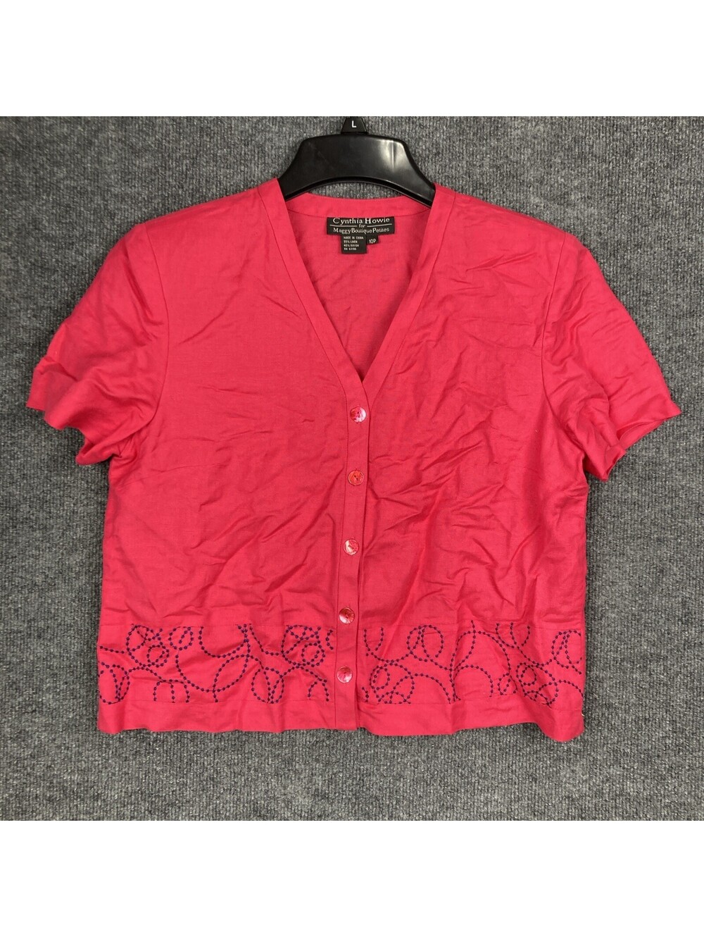 Cynthia Howie Maggie Boutique Womens 10P Hot Pink Embroidered Button Up Top Vtg